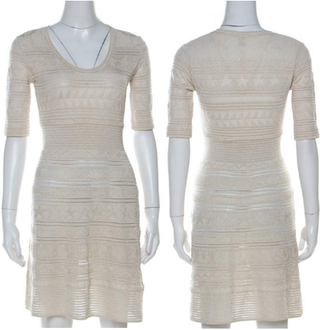 M Missoni Gold Lurex Knit Panelled Short Sleeve Mini Dress Light Tan Womens 40/6