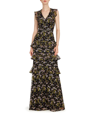 NWT ML Monique Lhuillier V-Neck Floral Embroidered Tiered Ruffle Gown Black 10