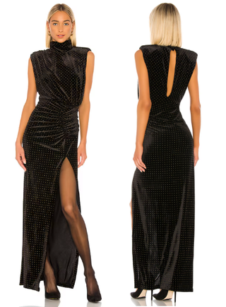 NWT Ronny Kobo Venette Velvet Studded Ruched Maxi Dress Black Women's Size XS