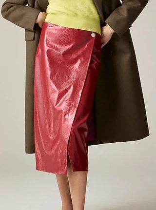 NWT J. Crew Faux Patent Leather Button Embellished Wrap Midi Skirt Red Womens 0