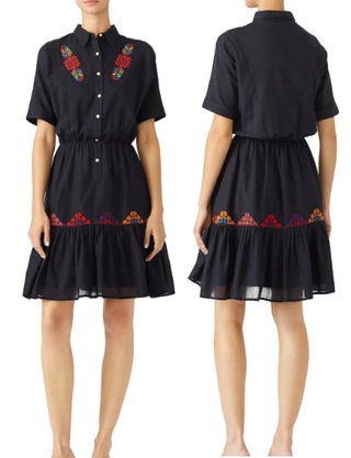 Carolina K Embroidered Mini Boho Shirt Dress with Tassel Tie Black Women Size XS