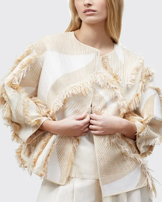 Lafayette 148 Tellar Lantern-Sleeve Oversized Fringe Jacket Cloud Multi Small