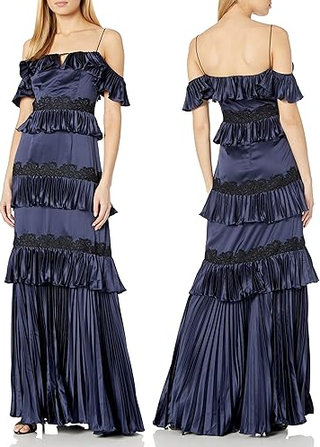 Amur Ariel Off-Shoulder Pleated Ruffle Lace Trim Long Dress Navy Blue Women's 6