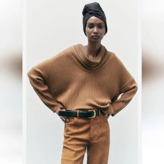 Zara Dolman Sleeve Cowl Neck Ribbed Oversized Pullover Sweater Toffee Camel Med