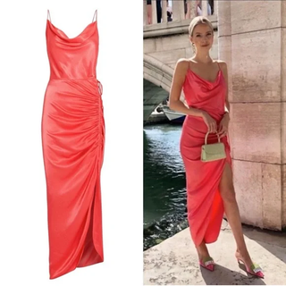 Veronica Beard Natasha Satin Draped Ruched Midi Dress Coral Pink Women's Size 0