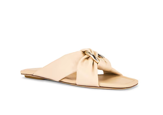 Stuart Weitzman Cece Leather Metal Knotted Flat Slides Sandals Barely Beige 7.5