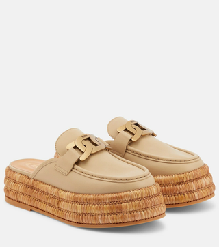 Tods Kate Leather/Raffia Slip On Platform Mules Slippers Natural Women's EU 38