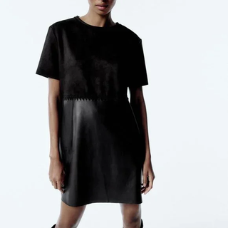 NWT Zara Combination Faux Suede Leather Mini Dress Black/Black Women's Medium