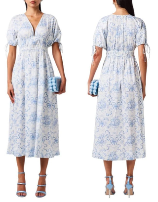 LoveShackFancy Mastey Bow Print Puff Sleeve  V-Neck Midi Dress White Blue Medium