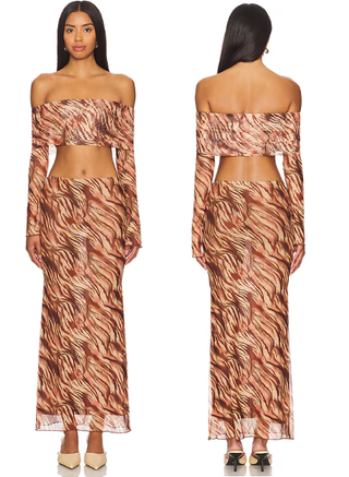 NWT Superdown Viv Animal Print Off Shoulder Mesh Crop Top Brown Women's Size S