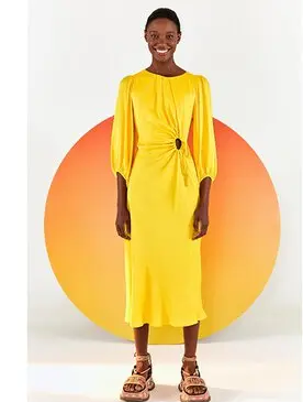 Farm Rio Piping Cut-Out Satin Puff Sleeve A-Line Midi-Dress Yellow Women's XS