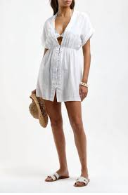 Honorine Beatriz Short Sleeve Plunging V-Neck Coverup Mini Dress White Women's S