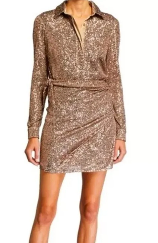 NWT Parker Palmas Sequin Long Sleeve Mini Cocktail Shirtdress Bronze Women's 6