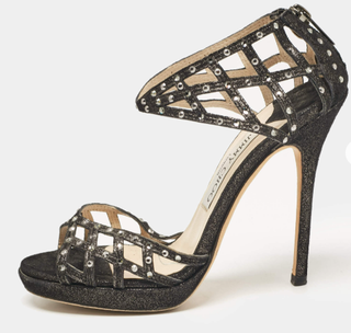 Jimmy Choo Metallic Leather Crystal Embellished Cut Out Strappy Sandals Black 39/9