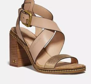 NWOT Coach Mandy Leather Slip On Block Heel Ankle Strappy Sandals Beige US 7.5