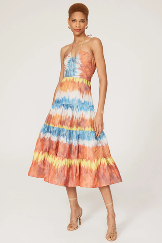 Alexis Roberta Tie-Dye Print Halter Neck Tiered A-Line Midi Dress Multi Small
