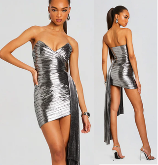 NWT Retrofete Kenzie Strapless Mini Dress with Removable Pleated Sarong Silver L