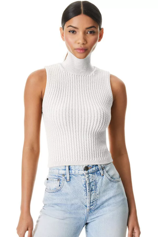 Alice & Olivia Darina Sleeveless Turtleneck Textured Tank Top White Women's XS