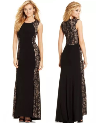 Xscape Lace Trim Sleeveless Stretchy Long Cocktail Dress Black/Nude Women's 8P