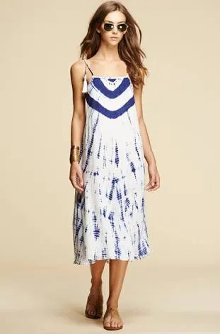Pepin Tie Dye Sleeveless Midi Cover-Up Dress w/ Tassels White/Blue Women's 2 / M