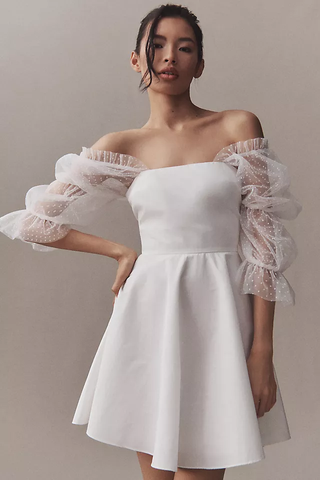 NWOT Amanda Uprichard Lalita Organza Puff-Sleeve Fit & Flare Mini Dress White L