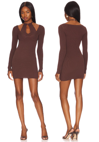 Camila Coelho Allora Long Sleeve Ribbed Bodycon Mini Dress Chocolate Women's M