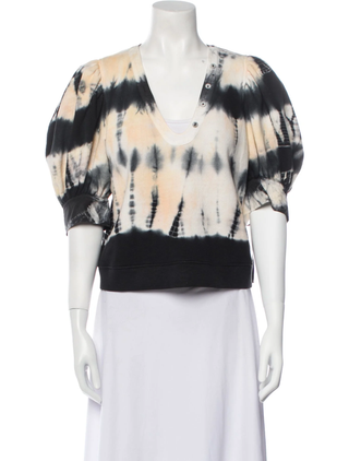 Ulla Johnson Tie-Dye Print Puff Sleeve V-Neck Sweatshirt Blue/Yellow Women's S