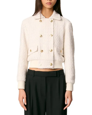 Maje Long Sleeve Collared Crop Tweed Blazer Jacket White Women's 34 FR / US 2