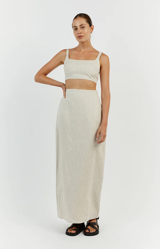 Dissh 100% Linen High Waisted Back Vent Maxi Skirt Beige Women's Size 4