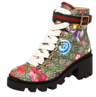 Gucci GG Supreme Monogram Flora Lace Up Combat Ankle Boots Beige Women's EU 39
