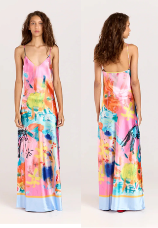 Romy The Label Rodeo Satin Watercolor Maxi Slip Dress Pink Multi Women's Size M