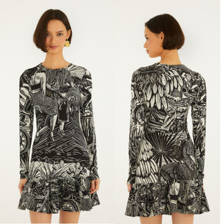 NWT FARM Rio Ruta Colorblock Ruffled Hem Mini Dress Black White Womens Large
