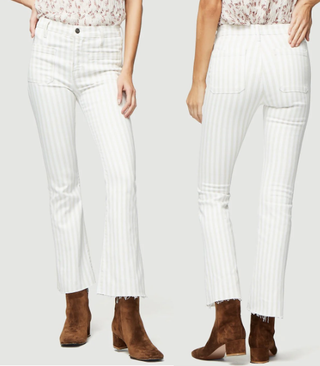 FRAME Le Bardot Striped Kick Flare Raw-Edge Ankle Jeans Courtyard Womens Size 31