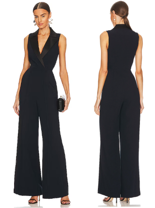 L'Agence Jemma Sleeveless Peak Lapel Tuxedo Wide Leg Jumpsuit Black Women Medium