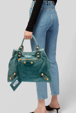 Balenciaga Classic Gold Studs Large Leather Shoulder Handbag Turquoise