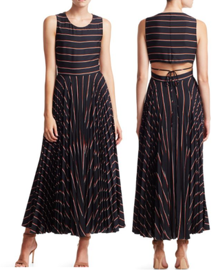A.L.C. Halle Stripe Back Cutout Pleated A-Line Maxi Dress Black/Red Women's 0