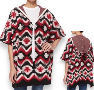 Alice + Olivia Aztec/Southwestern Knit Hooded Poncho Cardigan Red White XS / S