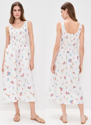 NWT WAYF Dana Smocked Drop-Waist Sleeveless A-Line Midi Dress Ivory Blossom M
