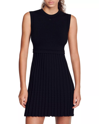 Sandro Scorpion Sleeveless Round Neck Pleat Skirt Mini Dress Black Womens Size S