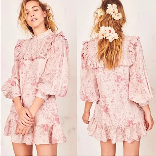 NWT LoveShackFancy Saffron Ruffle Trim Mini Dress Pink Flower Bed Women's Small
