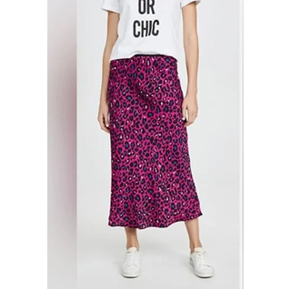 David Lerner Satin Leopard Print High Waisted Pencil Midi Skirt Fuchsia Black M
