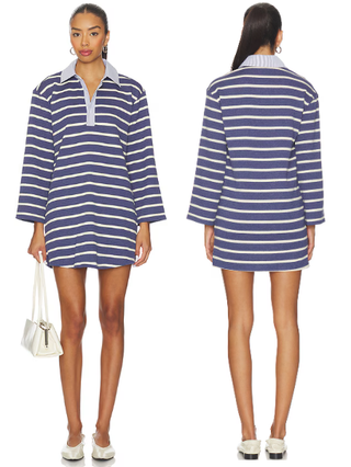 Maude Club Gabrielle Striped Long Sleeve Mini Polo Dress Navy White Womens Small
