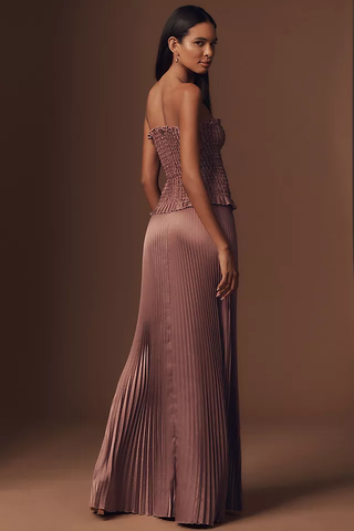 L'IDÉE Maya Satin Strapless Ruched Pleated Maxi Dress Suede Brown Womens Size 6
