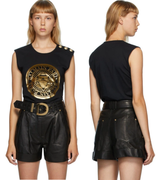 Balmain 3-Button Coin Sleeveless Graphic Tank Top Black Gold Womens 38 FR / US 6