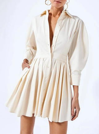 Alexis Mirielle Pleated Balloon-Sleeve Mini Shirtdress Cream Women's Size Medium