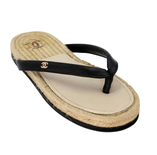 Chanel Raffia Leather Logo Slip On Platform Thong Sandals Beige Womens 38 / US 8
