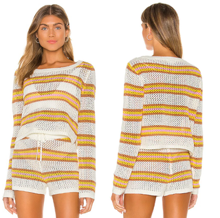 L Space Crochet Set; Striped Sweater & Lounge Short White/Brown Top M / Bottom S