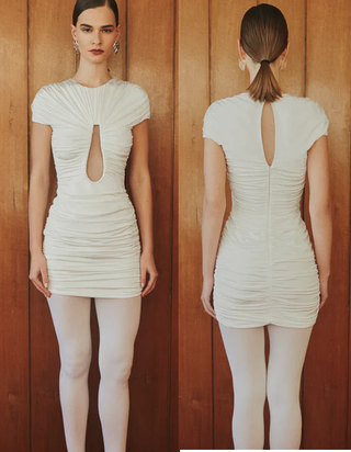 Rhodochrosite Darlene Cap Sleeve Ruched Bodycon Mini Dress White Womens Small