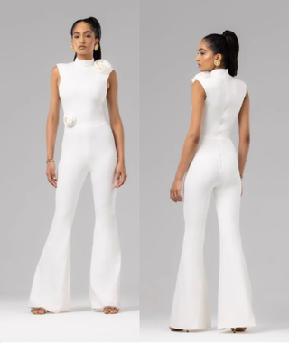 NWT Jamilbymd Rose Silky-Jersey Sleeveless Flared Jumpsuit White Women's Large