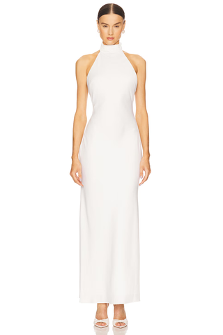Misha x REVOLVE Evianna Satin Sleeveless Halter Neck Maxi Gown White Women's L